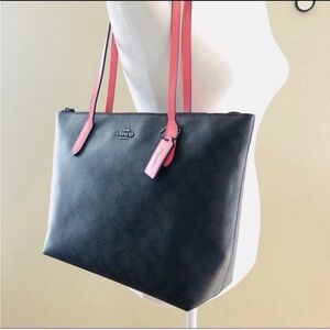 Authentic Coach Brown Zip Top Tote Canvas Pink Lemonade